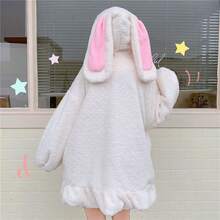 Women Cute Bunny Ear Long Sleeve Fuzzy Fluffy Rabbit Tops Sweatshirt Hoodie Coats - Bow-white - View 8