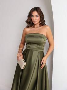 Elegant Strapless Party Dress With A Slit On The Leg, Maid Of Honor, Mother Of The Bride, Guest And Graduates. - xanh quân đội - Xem 4