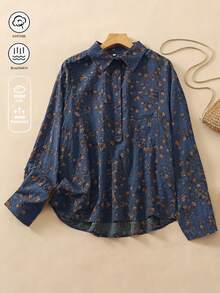 Women's Ditsy Floral Long Sleeve Versatile Base Layer Top, Fashion Polo Collar Cardigan Blouse