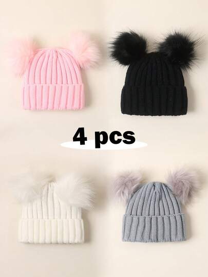 4pcs Baby Girl Beanie Winter Baby Boy Hat With Pom Pom Warm Infant Knitted Hats Toddler Kid Beanies Outdoor Accessories