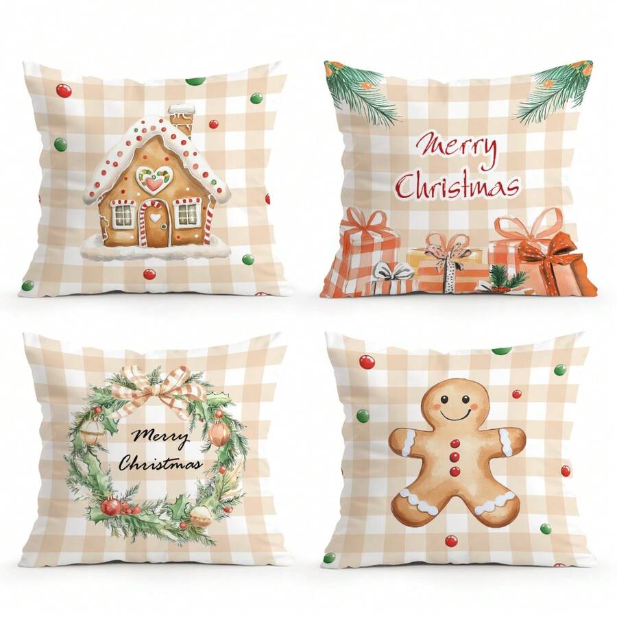 4pcs Gingerbread Man Pattern Beige Tone Cushion Cover Set, Single-Sided Printed - Multicolor - View 1