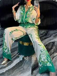 1 Set Bohemian Elegant Criss-Cross Allover Print 2 Pieces Outfit, Suitable For Office, Street Wear, Spring/Summer - Green - View 3