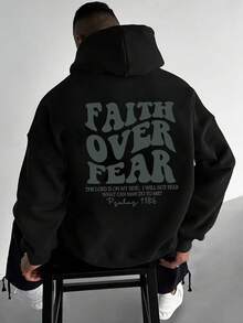 Plus Size Men's Creative English Text Graphic Print Casual Metal Zipper Hoodie Sweatshirt, Autumn/Winter