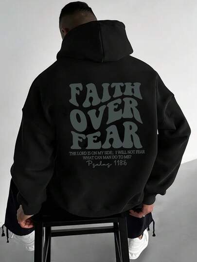 Plus Size Men's Creative English Text Graphic Print Casual Metal Zipper Hoodie Sweatshirt, Autumn/Winter