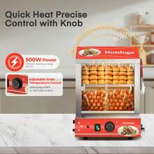 Hot Dog Steamer 28.5QT, 2-Tier Hot Dog Machine With Bun Warmer, 175 Hot Dogs & 40 Buns Capacity, Electric Hot Dog Bun Warmer With Visible Glass Sliding Door & Clip, 86℉-185℉ Temperature Control - US A Type Plug(110-127V) - View 2