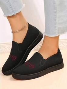 Tenis femeninos con corazones, punta redonda, estilo cute para uso diario - Mules cómodos - Negro - Ver 2