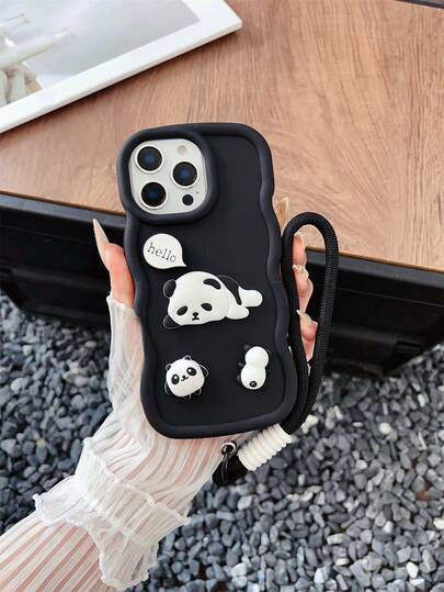 1pc Cute Panda Design DIY Macaron Mobile Phone Case With Mobile Phone Lanyard, Latest Hot-Selling Cell Phone Case