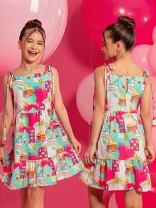 Children's Dress For Girls Party Luxury Colorful Diva Blogueirinha Print - Màu Hồng Tươi - Xem 6
