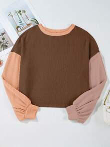 Acelitt Plus Size Women's Patchwork Contrast Color Textured Casual Loose Crew Neck T-Shirt, Spring/Autumn - Multicolor - View 4