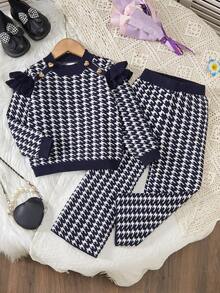 2pcs/Set Young Girls Plaid Knit Sweater And Wide Leg Pants Co-Ord Set, Fashionable Casual Outfit For Girls, Suitable For Everyday Wear, Home, And Outings, Autumn/Winter - Black and White - View 2