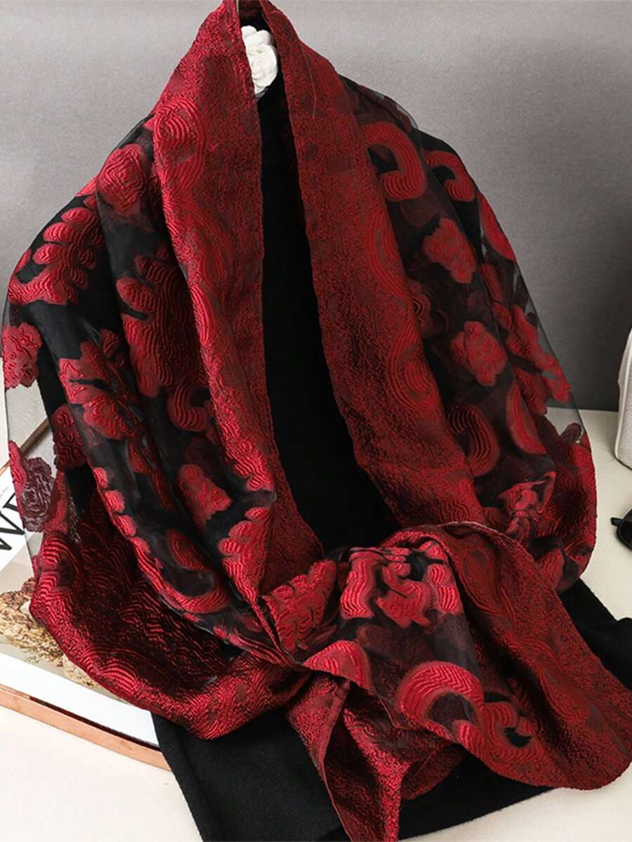 1pc Women Vintage Bohemian Style Elegant Paisley Embroidered Silk Lightweight Cutout Scarf/Shawl, Suitable For Daily Wear For Dress - Red - View 1