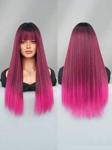 7JHH WIGS 26 Inch Long Straight Ombre Rose Red Wig, Women's Fluffy Soft Synthetic Wig With Bangs, Natural Looking, Made Of Heat-Resistant Synthetic Fiber, Suitable For Daily Wear, Anime/Cosplay, Music Festivals, Parties, Street Fashion, And An Ideal Mother's Day Gift - Hot Pink - View 5