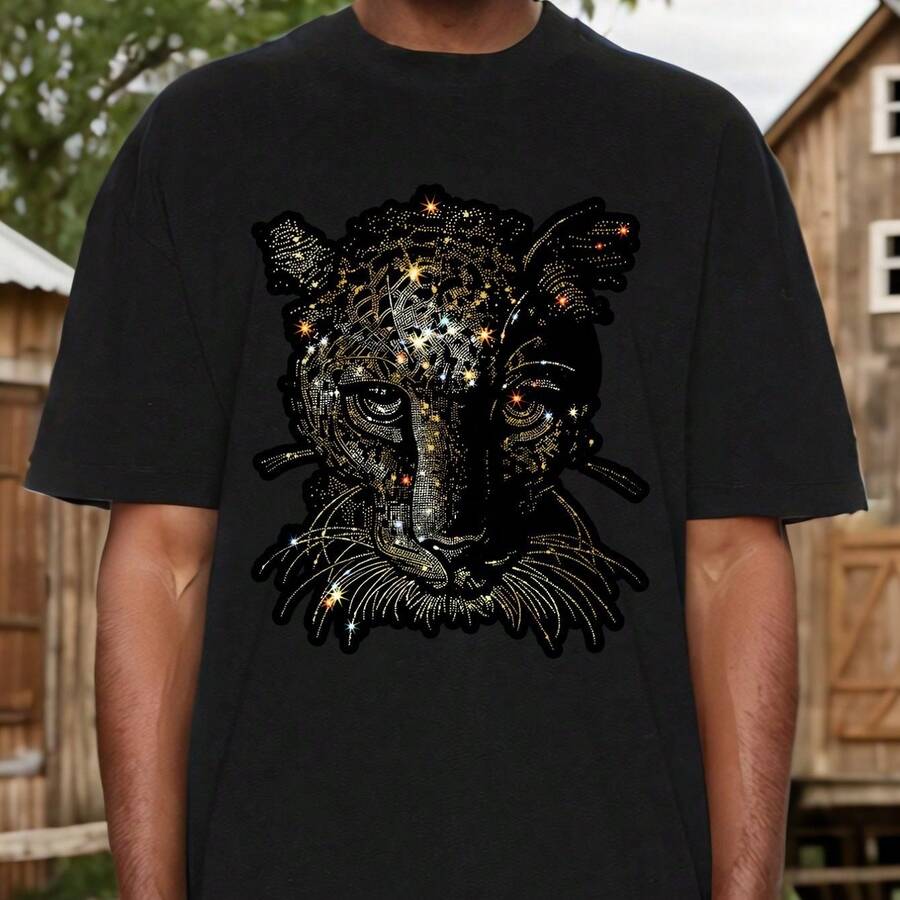 Mens Womens T Shirt Rhinestone Short Sleeve Mercerized Cotton Graphic TeesRelaxed Fit Casual Tees - Black - View 1