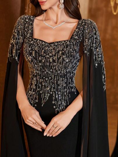  UNITHORSE Women's Square Neck Extra Long Sleeve Embroidered Fitted Linen Knit Evening Dress Wedding Black