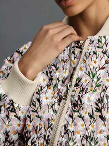 Women's Embroidered Daisy Short Work Jacket, Long-Sleeved Quilted Windbreaker Coat, Fleece-Lined Overcoat - 粉色 - 查看 4