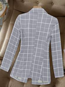Women's Front Button Lapel Collar Long Sleeve Plaid Simple Casual Blazer - Baby Blue - View 2
