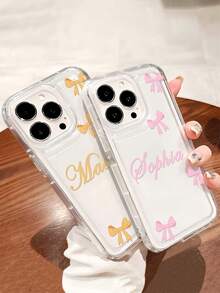 1pc Customized Name & Bowknot Color Pattern Phone Case, Fashionable Custom Design Reflective Thick Anti-Drop Phone Case Compatible With IPhone 11 12 13 14 15 16 Pro Max,International Version, Not The Domestic Version - Clear - View 5