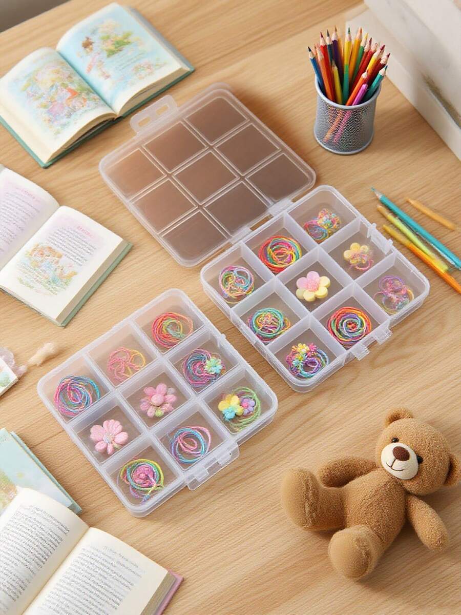 1pc Transparent 9-Grid Children's Accessory Storage Box, Girls Hair Accessory Organizer, Delicate Storage For Baby Hair Clips & Ties, Multi-Functional Hair Accessory Organizer - Multicolor - View 1