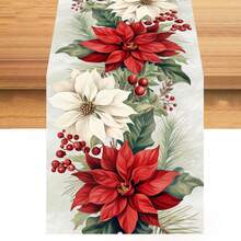 1 pieza Bandera de mesa navideña roja y blanca con flores, patrón de elementos como flores rojas y blancas, hojas, bayas, etc. Mantel, de poliéster/lino. Perfecta decoración para la Navidad, fiestas navideñas, decoración de habitaciones, decoración de mesa, decoración del hogar, decoración de cocina, decoración navideña, adornos navideños (2D)