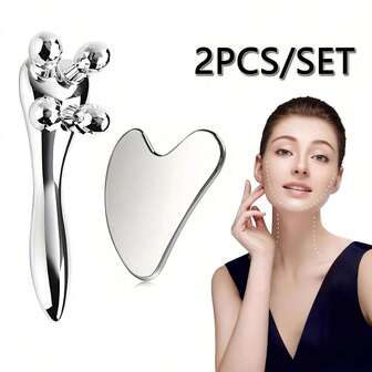 2 piezas Juego de masaje facial - Rodillo 4D y herramienta Gua Sha, masajeador portátil sin electricidad para el cuidado de la piel del rostro y el Body