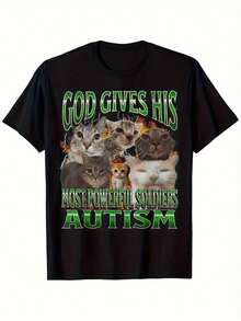 Funny Cat Meme T-Shirt For Men's Awareness HSY - Slogan 'God Gives His Mightiest Soldiers', 100% Cotton 180g, Short Sleeve Crew Neck T-Shirt, Soft Casual Fit, Comfortable Birthday, St. Patrick's Day, Graduation, Easter Gifts For Men, Dad - 黑色 - 查看 6