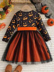 فستان كنزة صوفية مضفر بطبعة اليقطين للبنات مع تنورة من الشبك وحزام، مناسب لهدية حفلة هالوين، خريف/شتاء