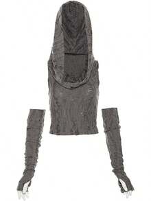 Women's Ripped Hoodie Sweater Vest Hollow Out Hooded Crop Top Knit Pullover Streetwear With Oversleeve - 灰色 - 查看 6