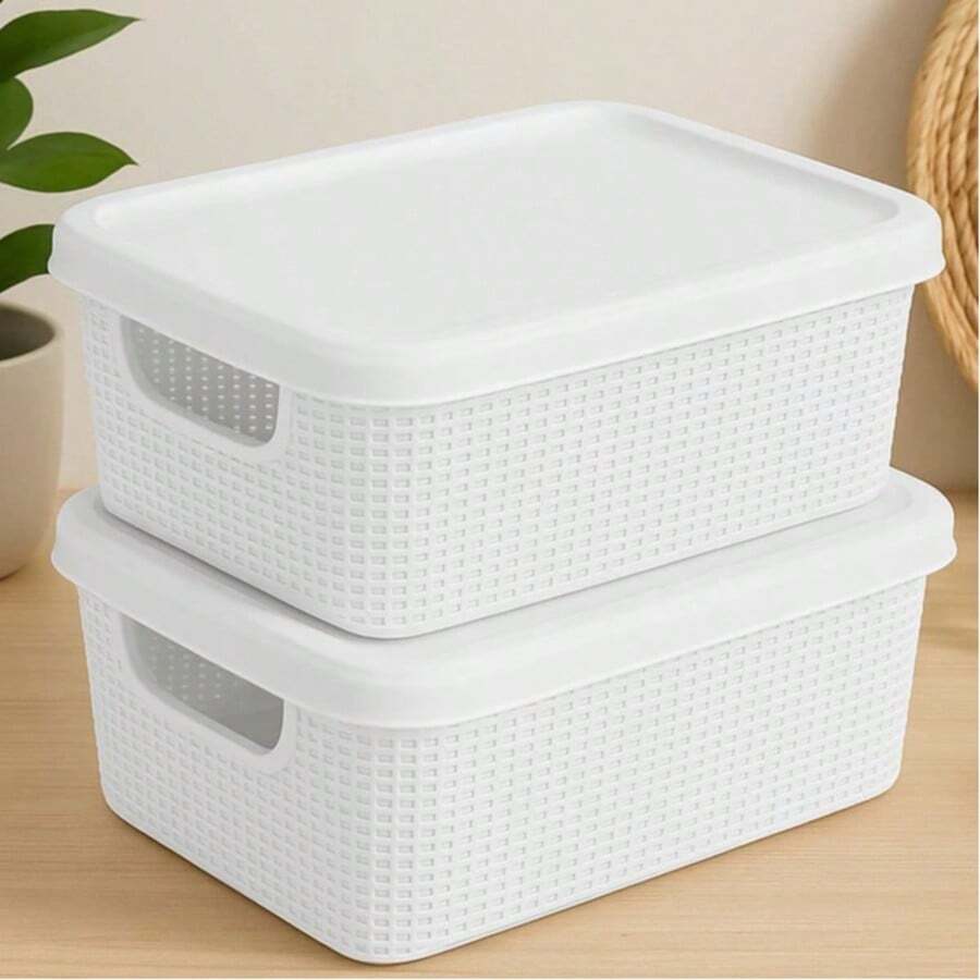 Kit Of 2 Organizer Boxes With Lid 1.8 Liters Utilities Durable Plastic Stackable Exclusive Texture Multipurpose - White - View 1