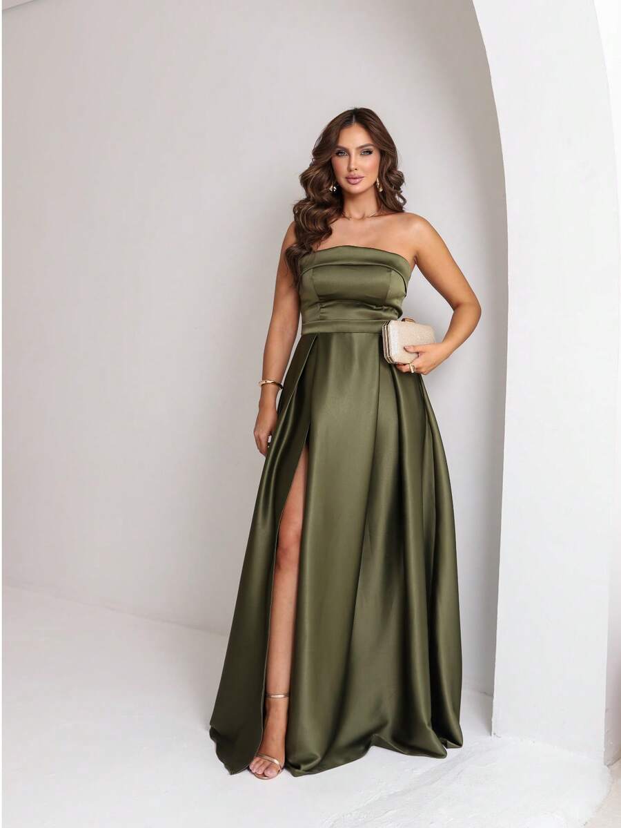 Elegant Strapless Party Dress With A Slit On The Leg, Maid Of Honor, Mother Of The Bride, Guest And Graduates. - xanh quân đội - Xem 1