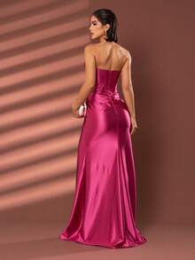 LONG WEDDING PARTY DRESS FOR BRIDESMAID FASHIONISTA STRAP-OFF WITH SLIT - FUCHSIA - View 2