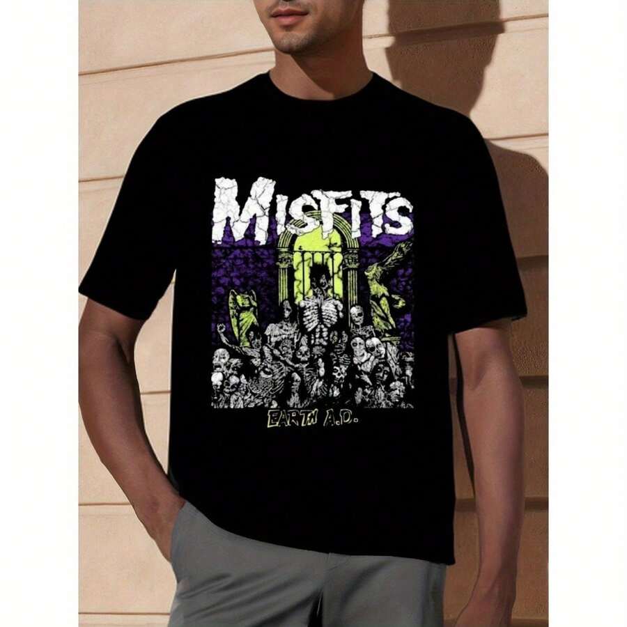 Misfits Retro Graphic T-Shirt For Men - Vintage Halloween Design, Black Casual Cotton Tee With "Daddy's Little Monster" Print, Regular Fit, Machine Washable, Seasonal Fashion | Casual Style Tee | Knit Texture, Halloween T ShirtA Surprise Gift For Family And Friends - 黑色 - 查看 1