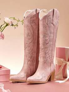 Cowboy Boots For Women Knee High Cowgirl Boots, Western Boots With Floral Embroidered Pointed Toe Chunky Heel Pull On Retro Vintage Classic Tall Boots For Ladies - 粉色 - 查看 2