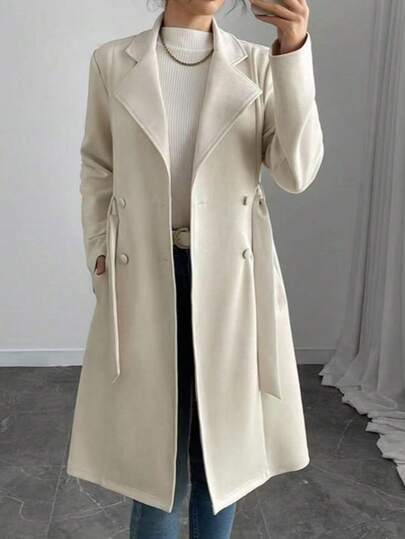 Dam enfärgad dubbelknäppt jacka i konstmocka med fickor, höst/vinter