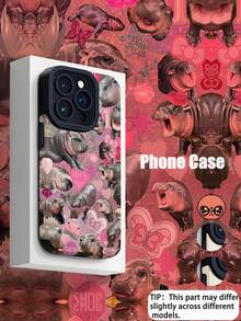 1 件时尚粉色河马宝宝图案竖条纹高端仿皮防摔防指纹防震手机壳适用于苹果和型号 - 彩色 - 查看 2