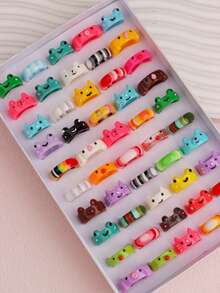 10/20/30个可爱卡通动物树脂戒指，青蛙、小猫、小鸡，条纹图案，日常佩戴，节日礼物配饰 - 動物樹脂戒指混 - 查看 6