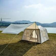 大型家庭户外帐篷 | 可伸缩天篷露营帐篷 | 防水透气多窗口客厅帐篷 - 米色 - 查看 10