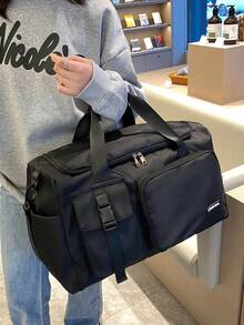 Women's Large-Capacity Travel Bag, Made Of Solid-Color Waterproof Oxford Fabric, Can Be Hung On A Suitcase, Equipped With A Backpack Design With An Adjustable Shoulder Strap, Multifunctional Sports Bag With Multiple Pockets, Suitable For Travel, Fitness, Back-To-School, Moving, And Business Trips (Pink/Black/Gray) - Black - View 8