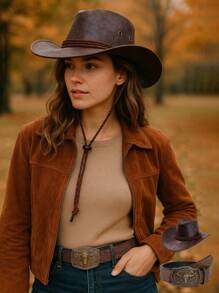 1pc PU Cowboy Hat, Cracked Texture Style, Unisex, Suitable For Valentine's Day, Back To School, Paired With Belt For Dressing, Daily, Travel, Vacation, Holiday, Outdoor