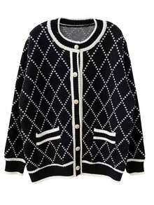 Contrast Color Rhombus Striped Front Button Trim Contrast Color Edge Cardigan For Women Black - Black - View 6