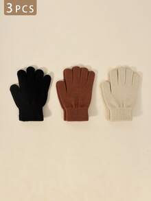 3 Pairs Kids Elastic Knit Gloves, Boys Girls Warm Gloves, Solid Color Fingerless Gloves, Suitable For Daily Casual Wear, Outdoor Cold Protection And Playing In Snow - 3PCS - View 20