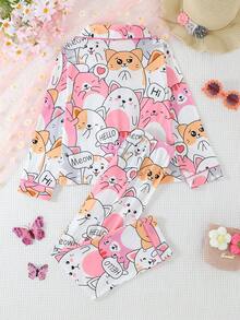 2pcs/Set Girls & Teens Casual Cartoon Cat Print Lapel Long Sleeve Cardigan And Pants Sleepwear Set, Flame Retardant, All Season