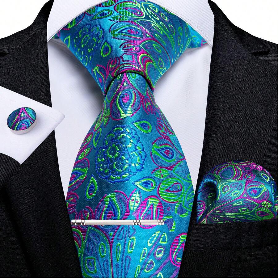 4pcs Mens Tie Blue Green Pattern Necktie Pocket Square Cufflinks Tie Pin Set Wedding Formal Casual Office - 藍色 - 查看 1