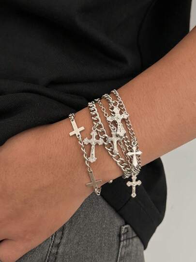 5pcs/Set Zinc Alloy Cross Pendant Men's Vintage Minimalist Bracelet Set