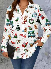 قميص نسائي كبير الحجم بطباعة عيد الميلاد وأكمام طويلة