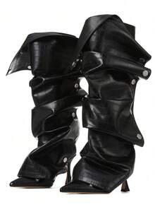 Winter Women Slouchy Boots Pointed Toe Stiletto High Heels Ruched Knee High Design Luxury Elegant Sexy Nightclub Detachable Shoes - màu đen - Xem 2