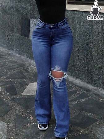 سراويل جينز نسائية ذات قصة ضيقة مع تمزقات مرنة وقصة واسعة للأرجل بمقاسات كبيرة