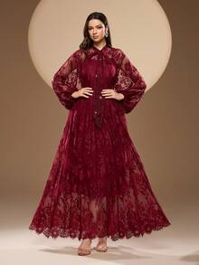女士蕾丝花卉无袖连衣裙，搭配长袖罩衫，优雅串珠吊带系腰两件套，夏季度假必备 - 酒紅色 - 查看 1