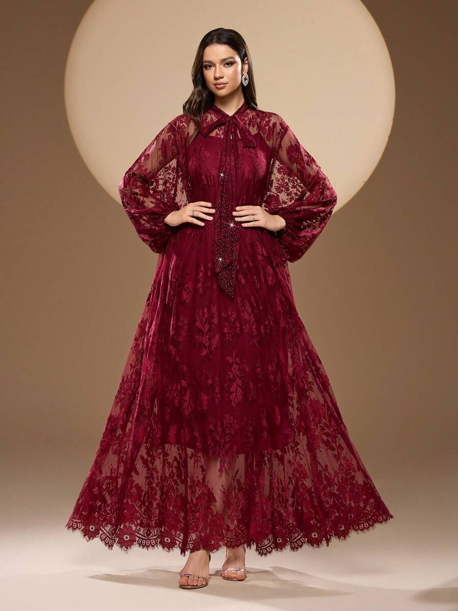 女士蕾丝花卉无袖连衣裙，搭配长袖罩衫，优雅串珠吊带系腰两件套，夏季度假必备 - 酒紅色 - 查看 1