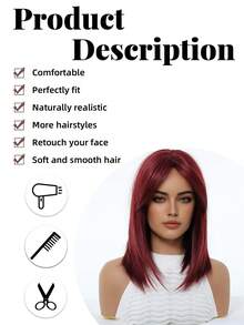 舒适自然弯曲 14 英寸玫瑰红色假发，带刘海，分层时尚假发，适合女士，合成纤维假发，非常适合度假、旅行、家庭聚会，每天佩戴假发 - 玫瑰紅 - 查看 5