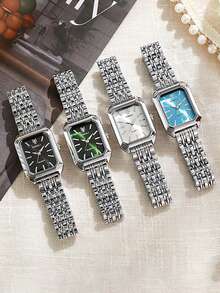 女士时尚方形手表金色合金表带2025奢华女士石英腕表品质女式罗马刻度钟 - 銀色 - 查看 9